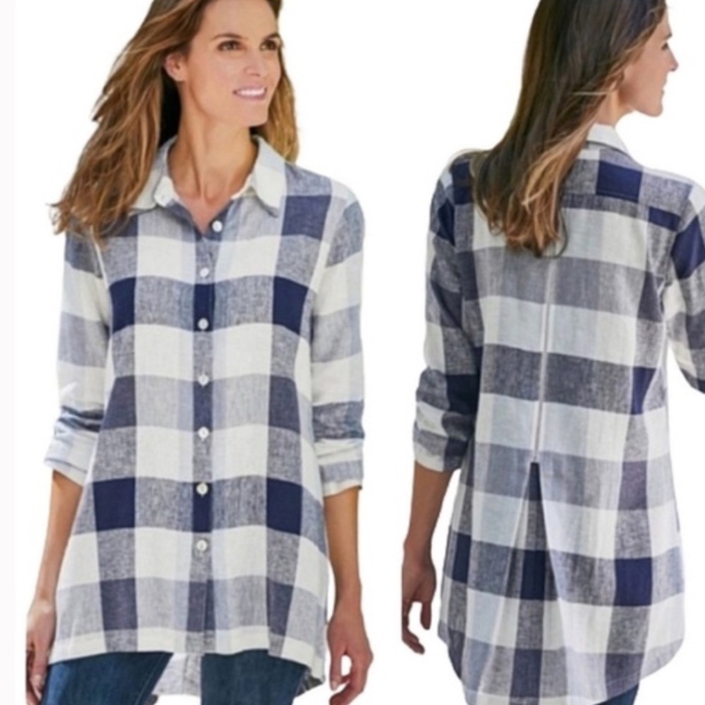 Soft Surroundings Carreaux Shirt Blue Plaid Button Up Zip Back Size 2X